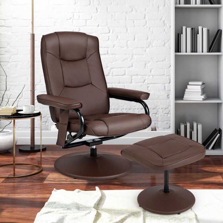 Brown 360° swivel massage recliner chair with ottoman, showcasing a side view and soft PU leather for enhanced comfort.